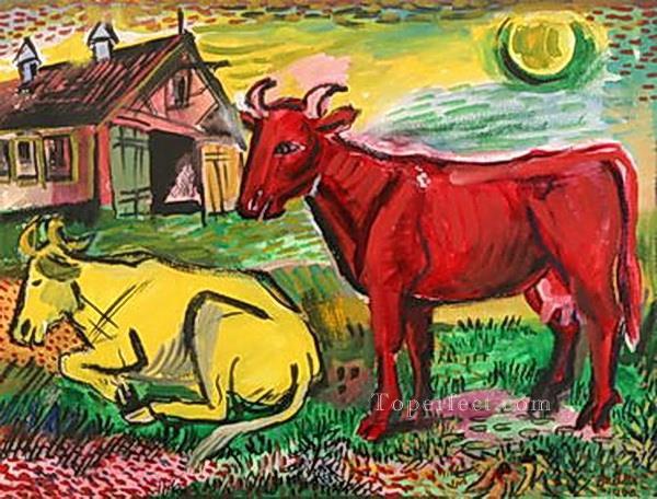 red and yellow cows 1945 Russian Oil Paintings